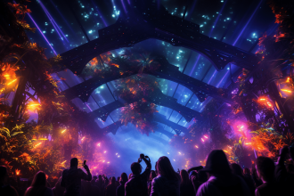 Danseurs en pleine fête psytrance sous des lumières colorées