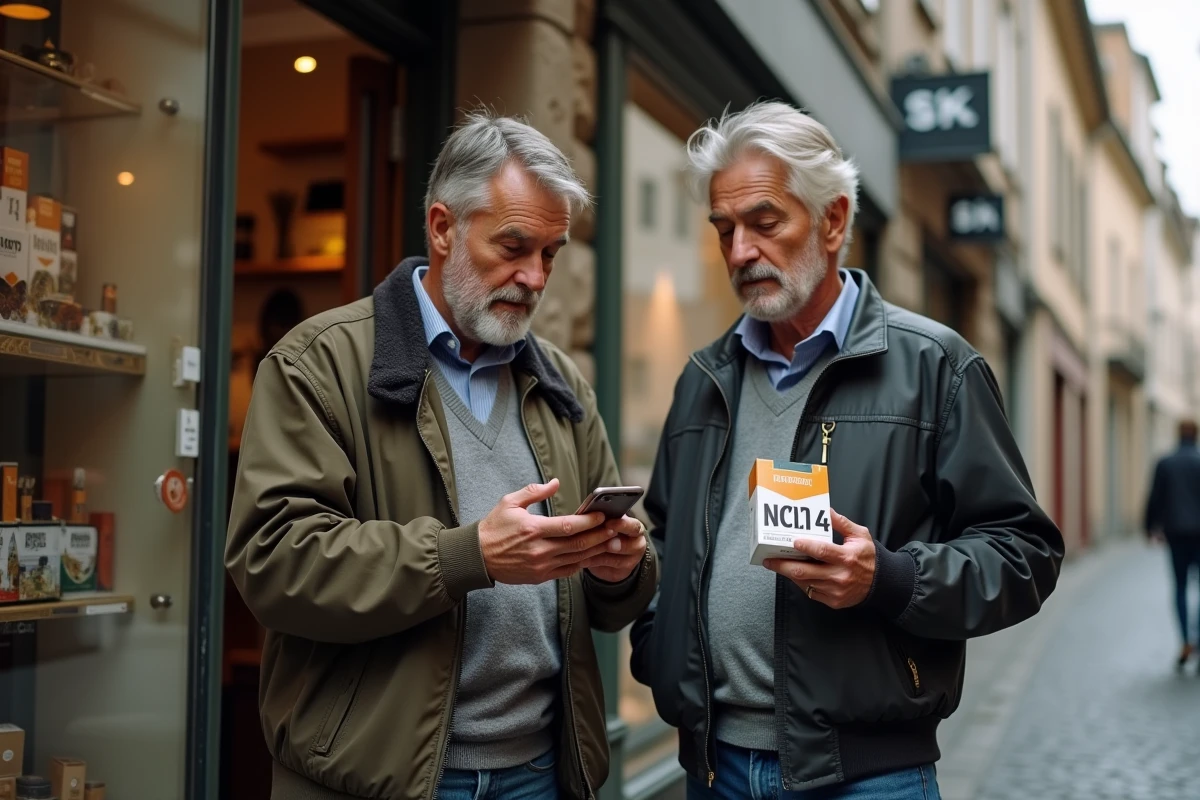Deux hommes comparant les prix de cartouches de cigarettes Winston devant un bureau de tabac au Luxembourg