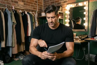 Acteur masculin dans les coulisses d'un tournage de film superhéros, consultant un script entouré de costumes