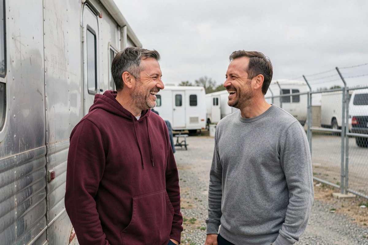 Deux acteurs secondaires du casting Spider-Man discutant devant un trailer de tournage en extérieur