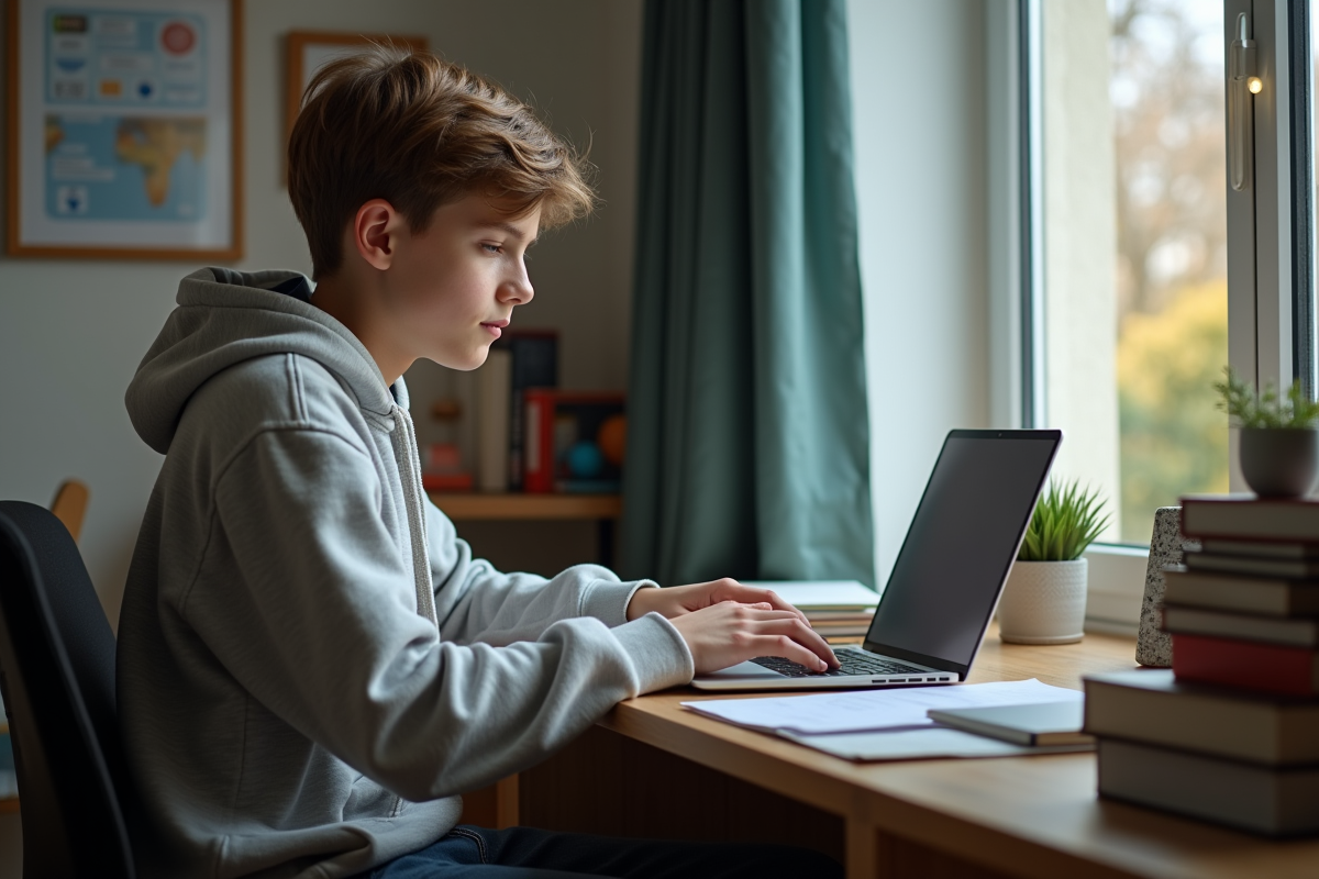 Adolescent étudiant utilisant un ordinateur portable à la maison