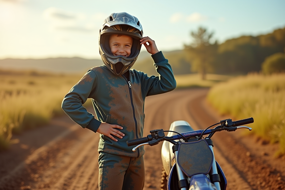 Ado en motocross souriant avec casque en main dans champ