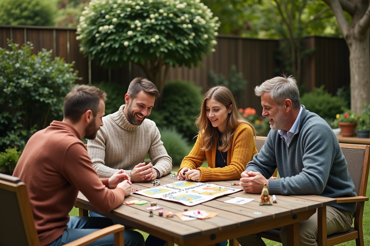 Adultes jouant à un jeu de société dans un jardin verdoyant