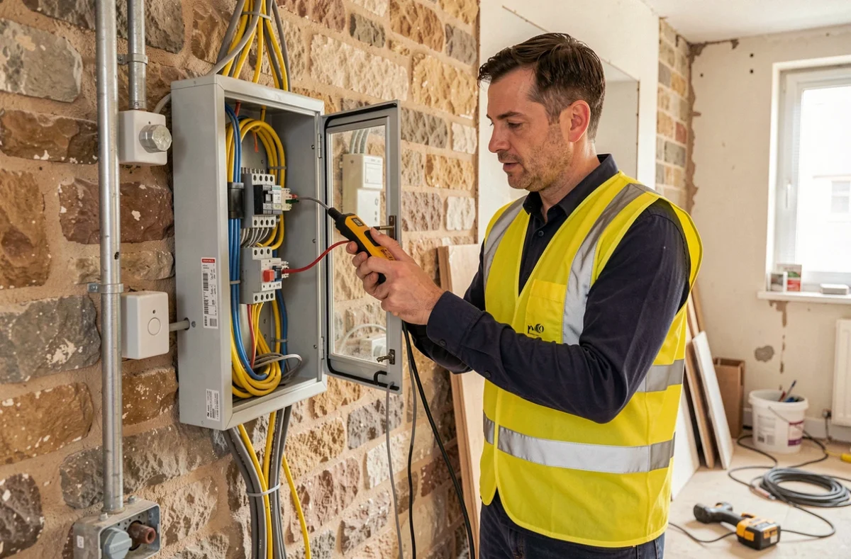Électricien-rénovateur de A.E. Electricité Rénovation SARL inspectant un tableau électrique dans une maison en rénovation