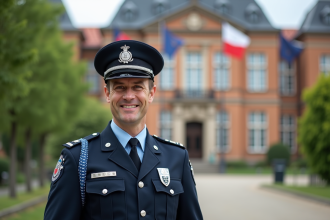 Officier de police français en uniforme devant une école de police