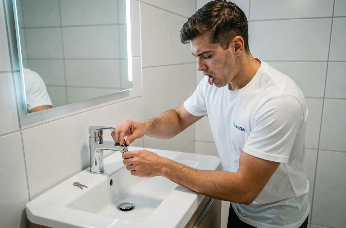 Jeune plombier d'ALM Plomberie installant un robinet chromé sur un lavabo moderne