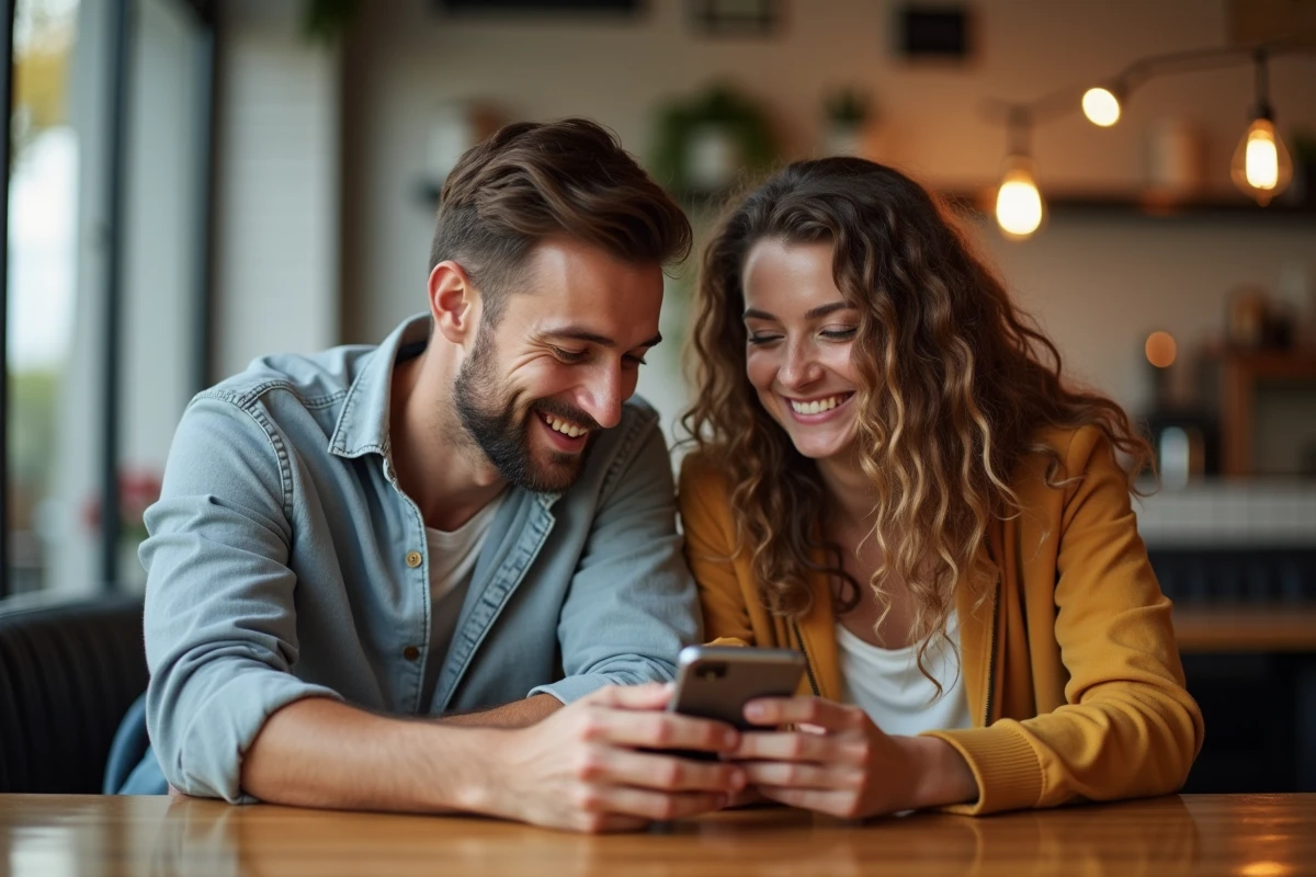 Deux amis partageant des liens Monopoly GO pour obtenir des dés gratuits dans un café