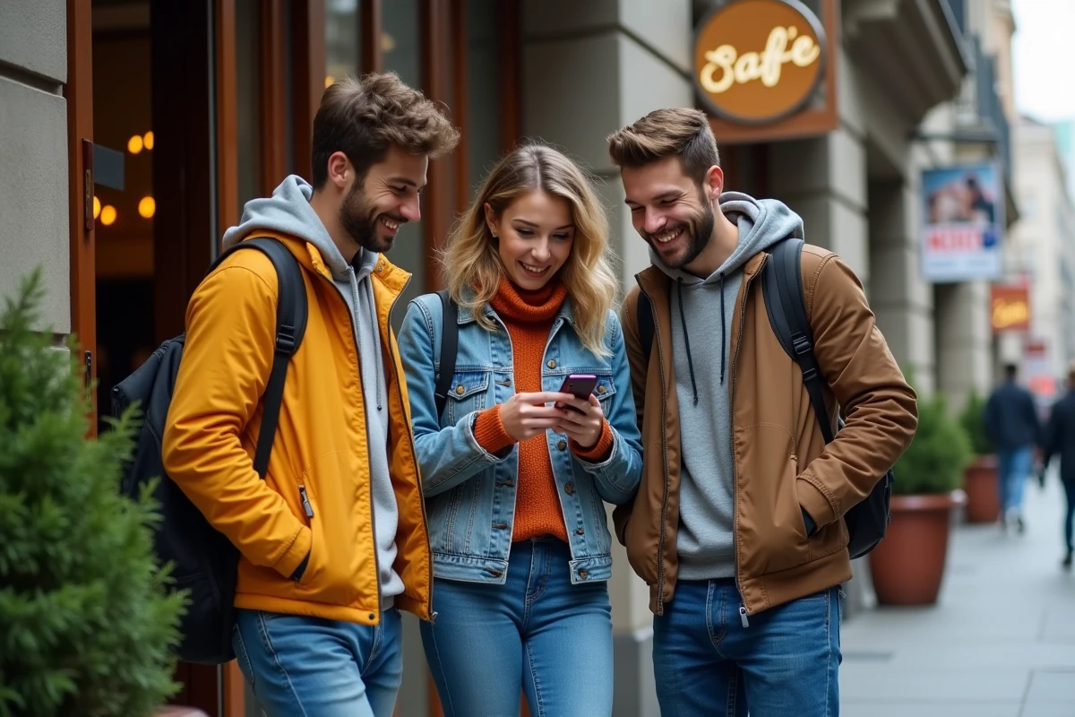 Trois amis regardant un smartphone devant un café en ville