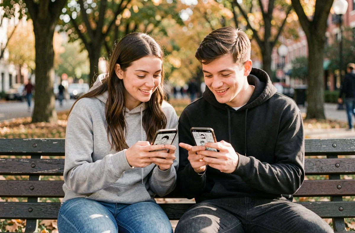 Deux amis débutants découvrant ensemble des recommandations de manga sur smartphone dans un parc en automne