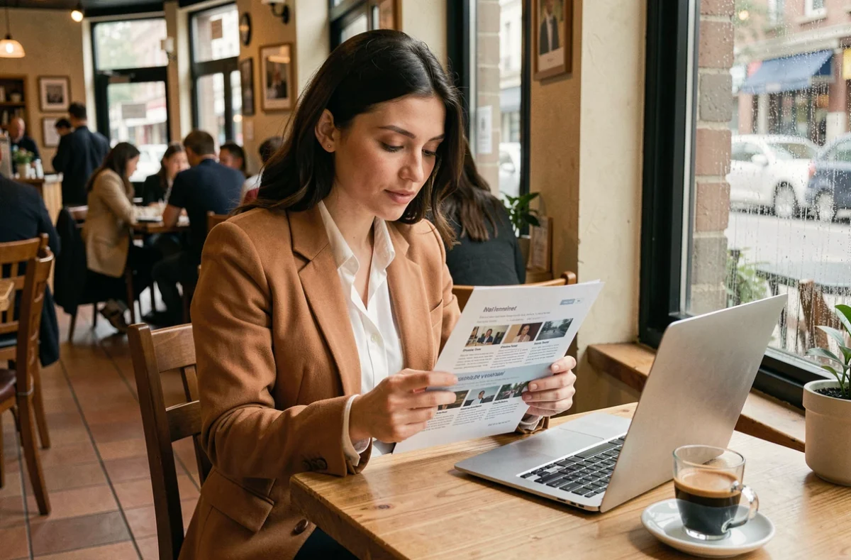 Jeune professionnelle analysant ses mentions en ligne dans un café urbain