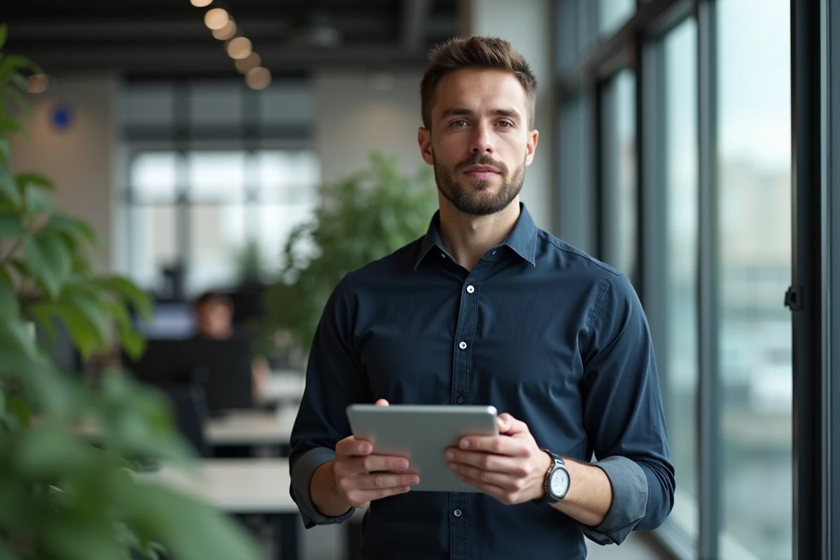 Homme analysant des commentaires et rumeurs sur les réseaux sociaux via une tablette dans un espace de travail moderne