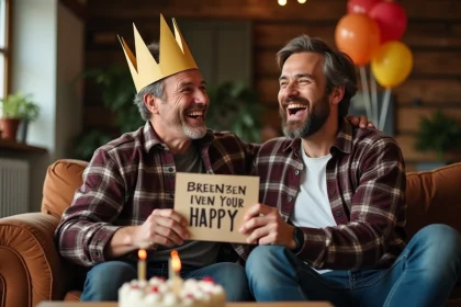 Deux amis hommes qui rient ensemble lors d'un anniversaire décontracté avec une couronne en papier et une carte humoristique