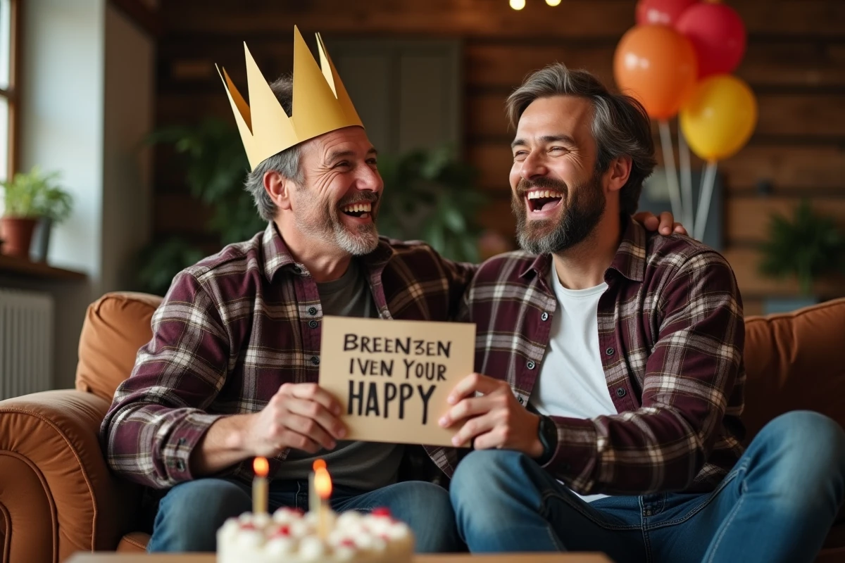 Deux amis hommes qui rient ensemble lors d'un anniversaire décontracté avec une couronne en papier et une carte humoristique