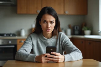 Femme regardant avec méfiance un appel entrant avec l'indicatif pays 212 sur son smartphone dans une cuisine
