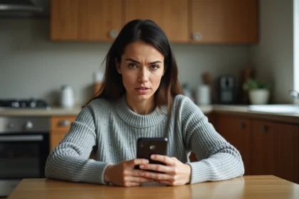 Femme regardant avec méfiance un appel entrant avec l'indicatif pays 212 sur son smartphone dans une cuisine