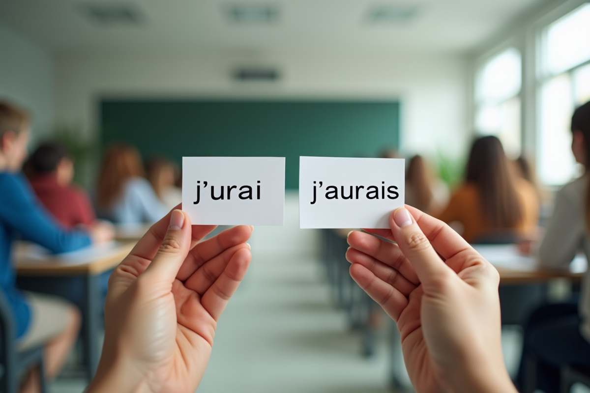 Deux mains tenant des cartes avec jaurai et jaurais en classe moderne