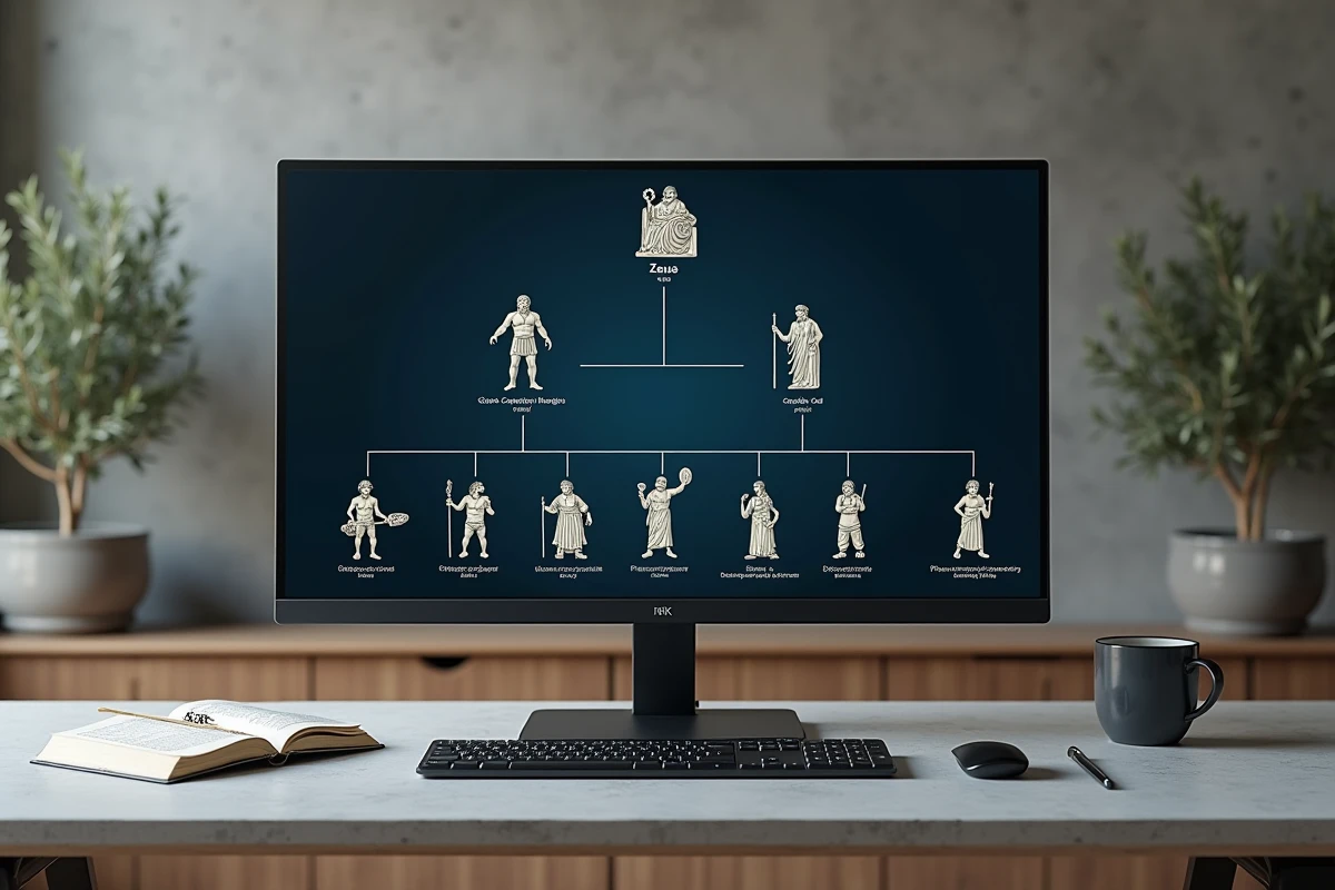 Arbre généalogique numérique de Zeus et des dieux olympiens affiché sur un écran dans un bureau moderne