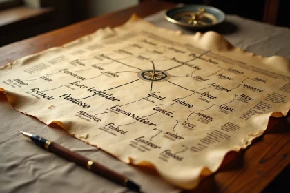 Arbre généalogique manuscrit des dieux grecs sur parchemin ancien avec connexions calligraphiques et noms mythologiques