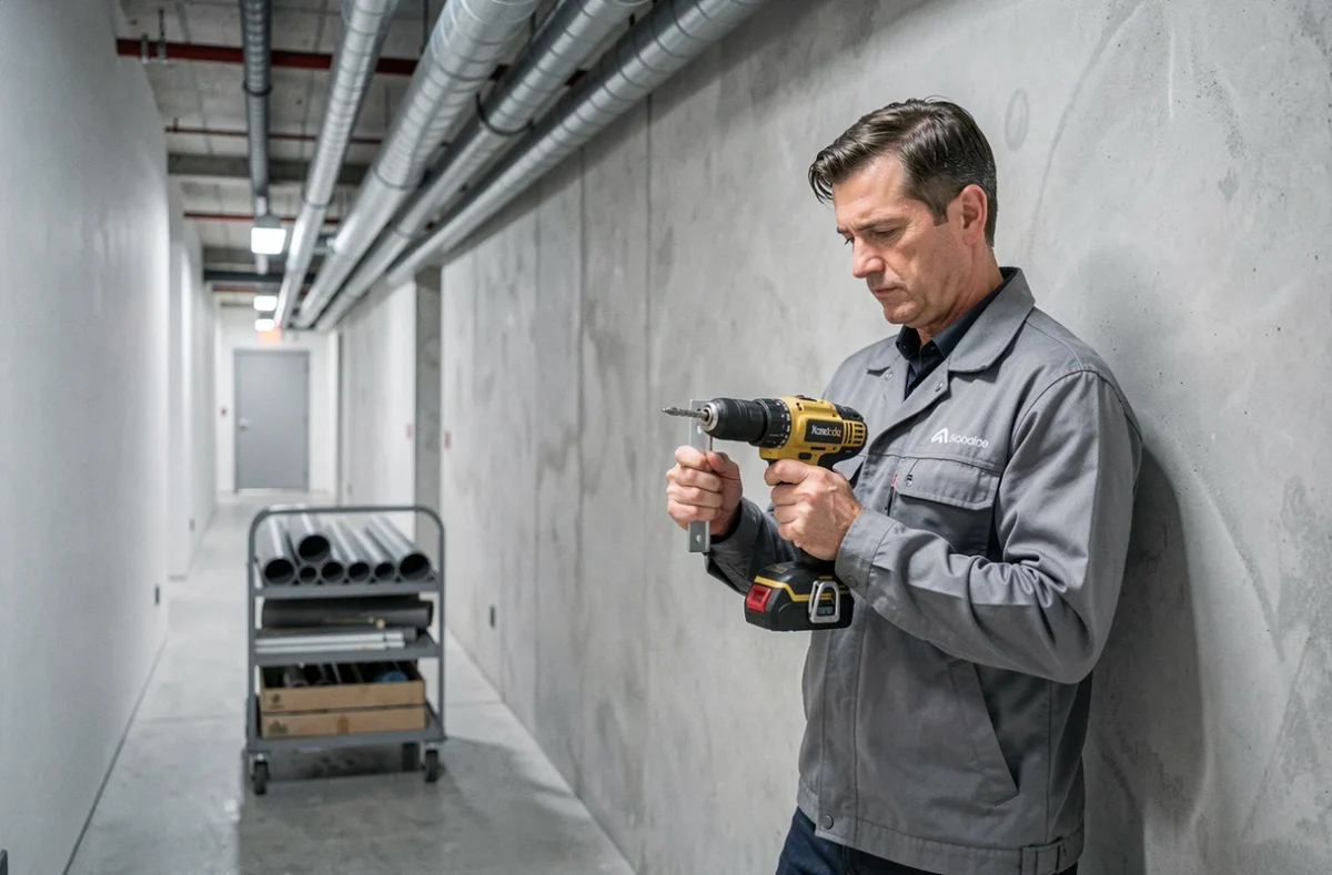 Technicien d'Artec SARL fixant un support de canalisation dans un couloir de bâtiment commercial