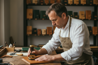 Artisan en atelier pressant du cuir pour un carnet artisanal
