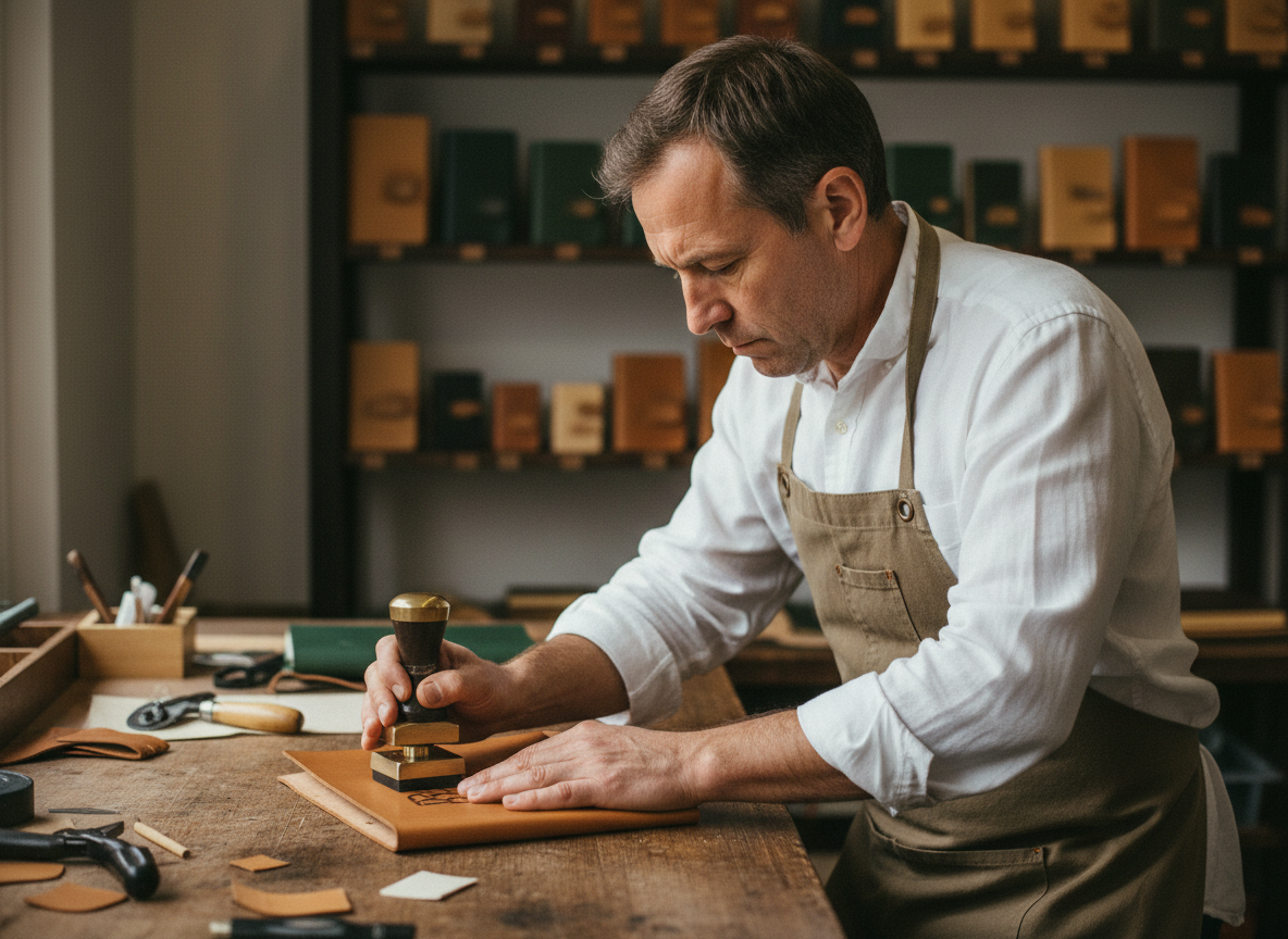 Artisan en atelier pressant du cuir pour un carnet artisanal