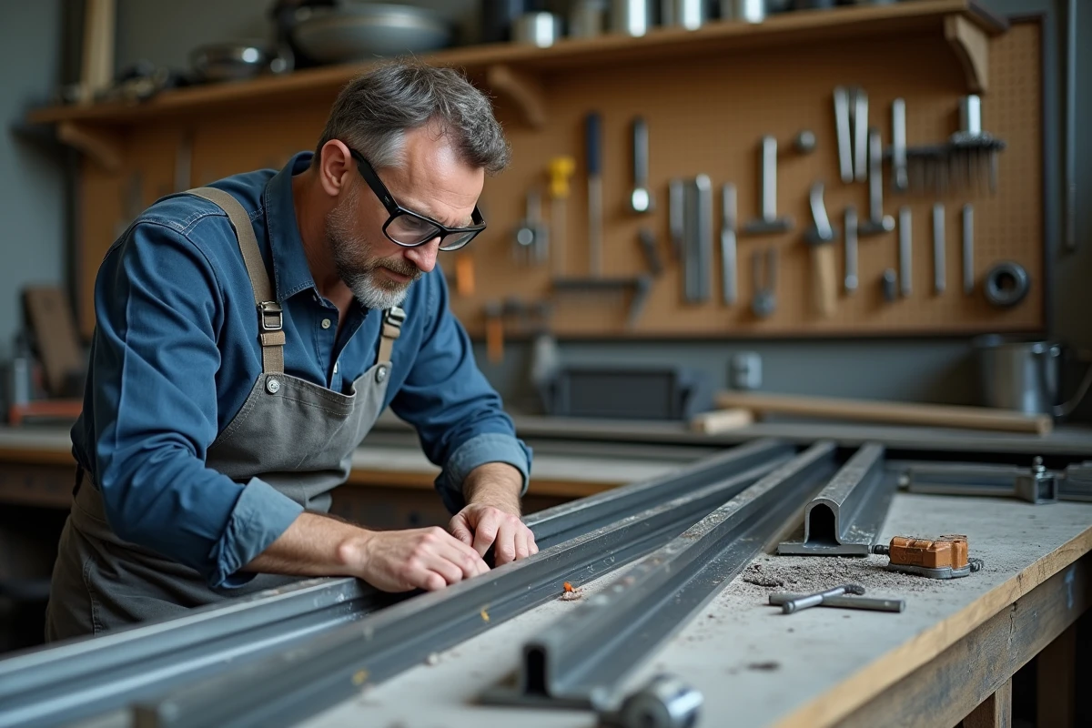 Artisan mesurant des profils en inox pour la fabrication d'une rampe de garde-corps sur mesure