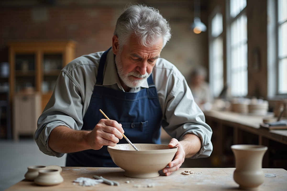 Homme middleaged peignant un bol en céramique dans un atelier