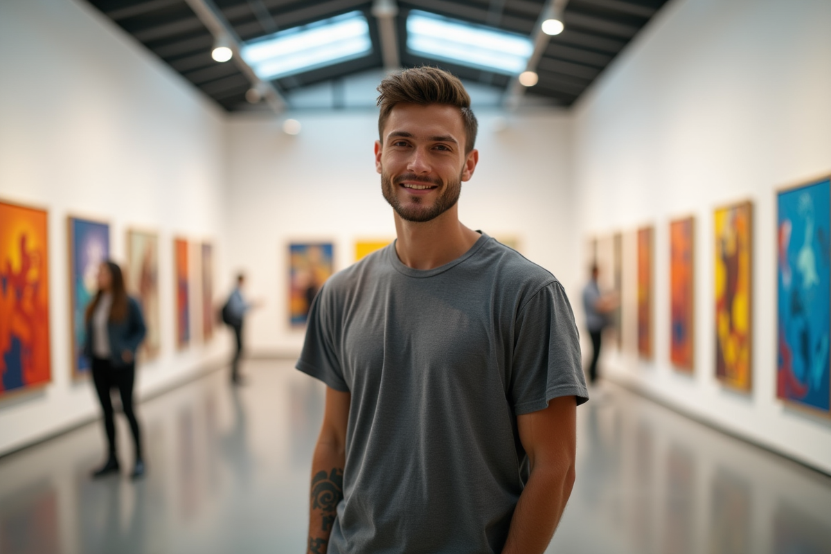 Jeune artiste debout dans une galerie d
