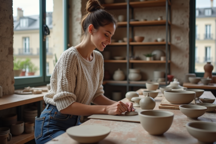 Jeune femme souriante sculptant de l'argile dans un atelier parisien