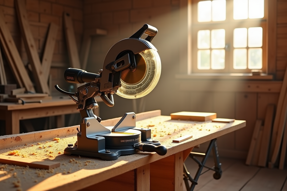 Atelier de menuiserie lumineux avec scie à onglet en action