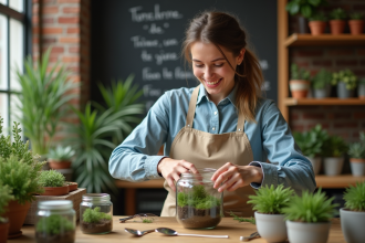 Jeune femme créant un terrarium dans un atelier parisien