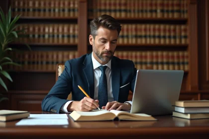 Avocat en droit public consultant une base de données juridique sur son bureau avec des ouvrages de droit administratif