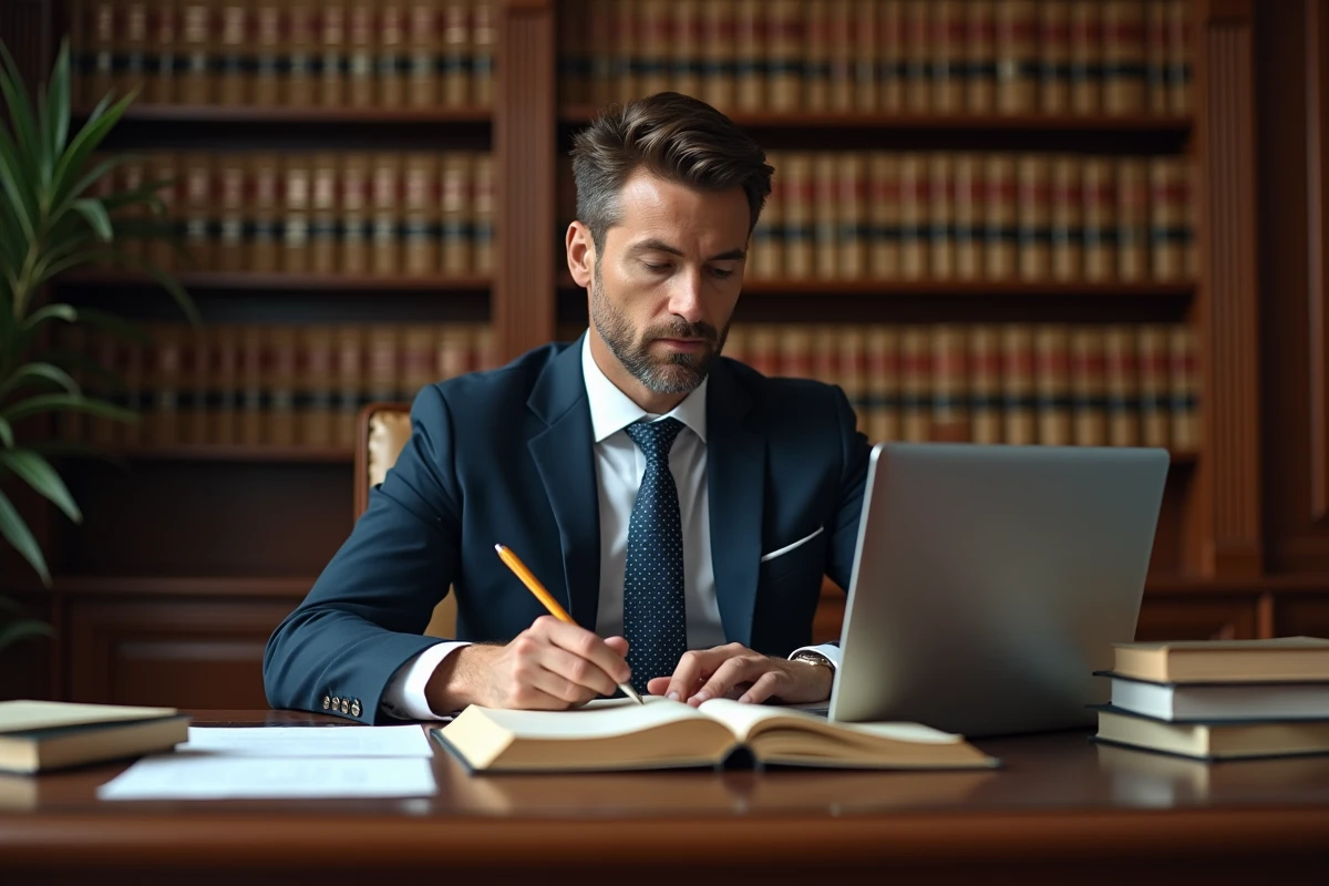 Avocat en droit public consultant une base de données juridique sur son bureau avec des ouvrages de droit administratif