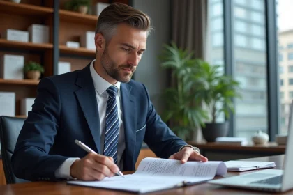 Avocat immobilier en costume navy dans un bureau moderne