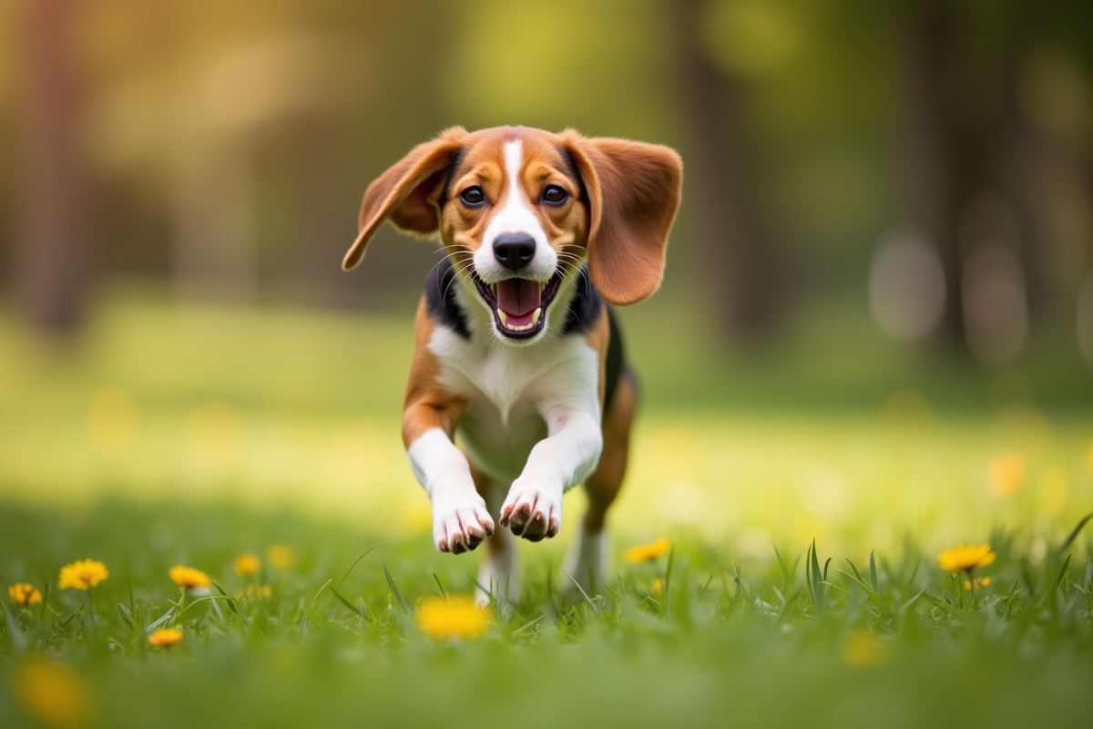 Beagle courant joyeusement dans un parc ensoleille
