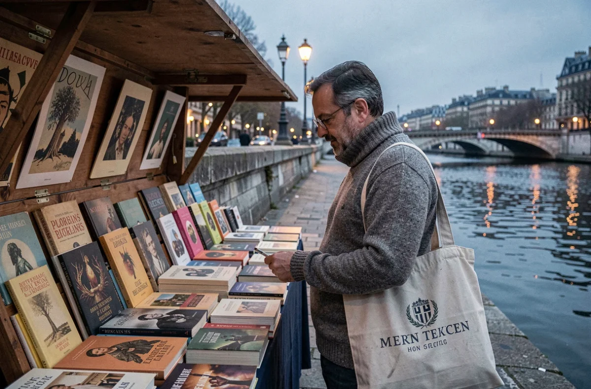 Homme parcourant les bouquinistes des quais de Seine à Paris la nuit, sortie culturelle parisienne