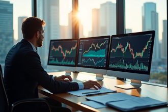 Analyste financier dans un bureau moderne avec écrans de marché