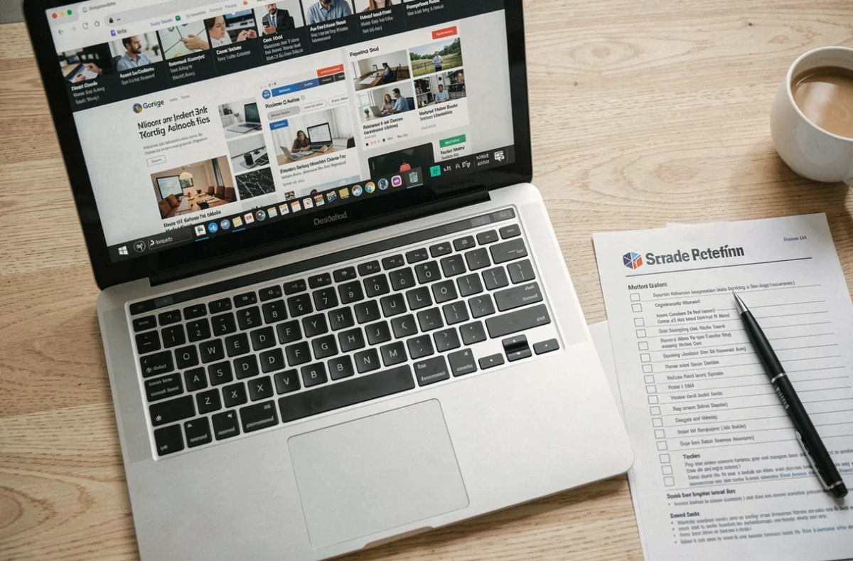 Vue aérienne d'un bureau avec laptop affichant des onglets de sites similaires à Yakriv et une checklist pour identifier le vrai site officiel