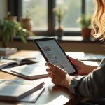 Personne lisant des magazines sur un bureau ensoleille