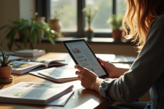 Personne lisant des magazines sur un bureau ensoleille