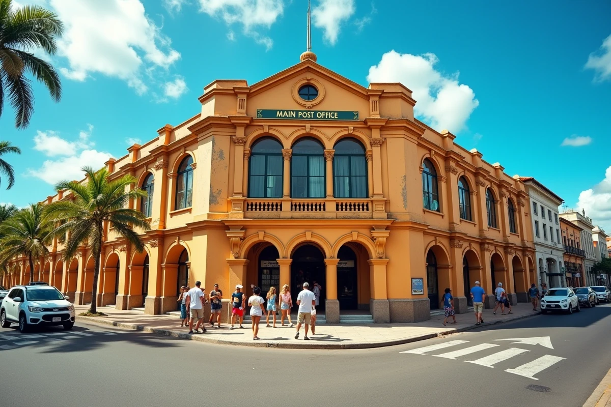 Façade du bureau de poste principal de Port Louis avec des passants dans la rue