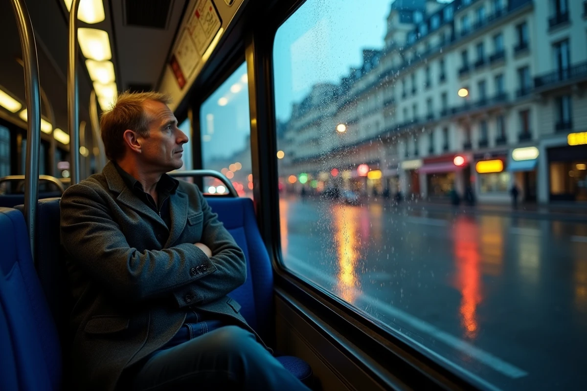 Passager dans un bus de nuit Noctilien traversant Paris tard le soir sous la pluie