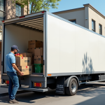 Camion frigorifique moderne devant une entreprise en journée