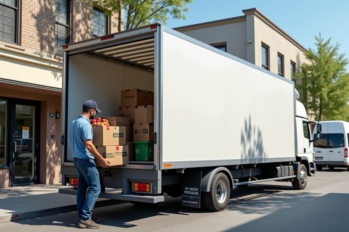 Camion frigorifique moderne devant une entreprise en journée
