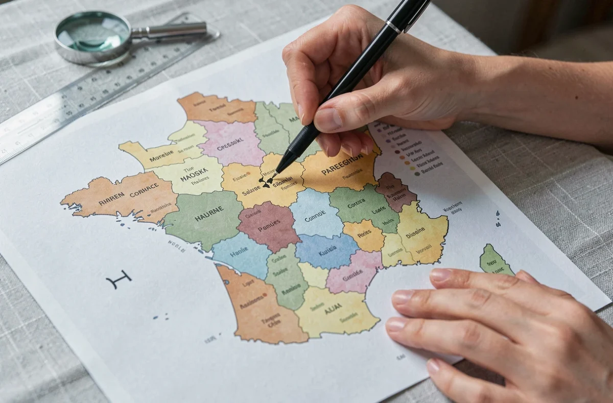 Gros plan sur une carte de France imprimable avec frontières régionales posée sur une table, mains tenant un stylo