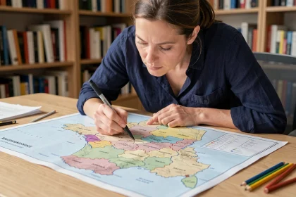 Femme pointant une carte de France imprimée avec les frontières régionales sur un bureau en bois