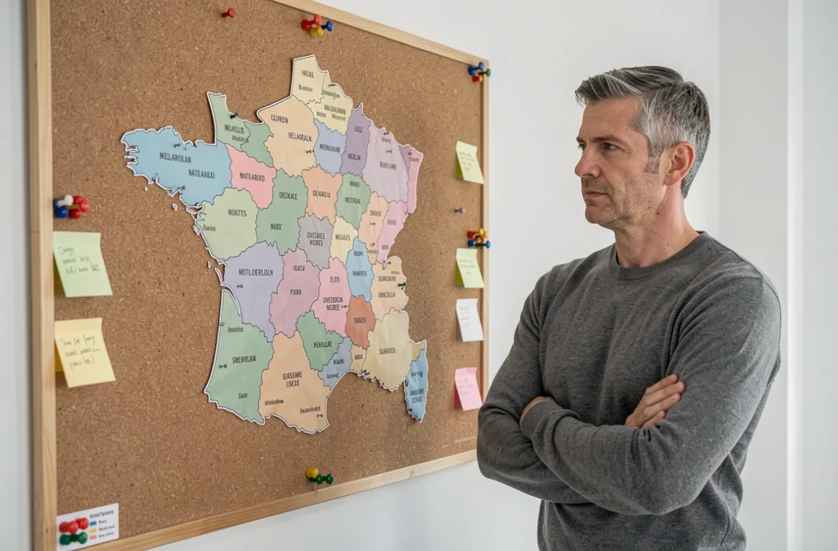 Homme devant une carte de France avec régions colorées et frontières régionales 2026 affichée sur un tableau en liège