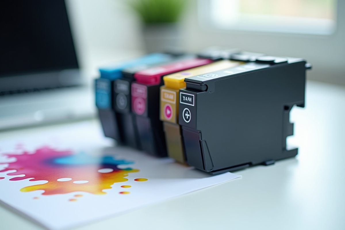 Ligne de cartouches d'encre colorées sur un bureau blanc