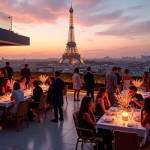 Soirée élégante sur un toit de Paris au coucher du soleil