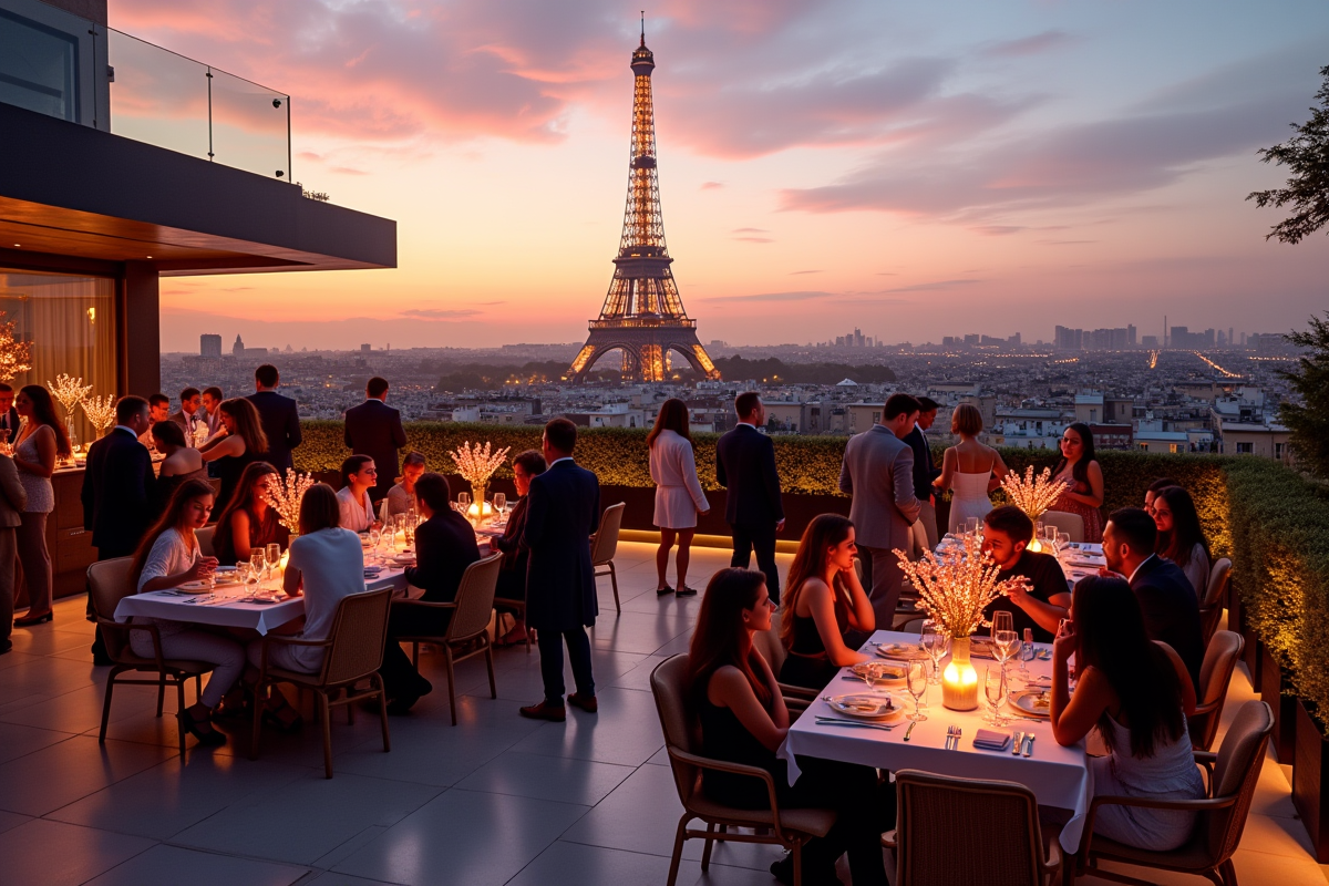Soirée élégante sur un toit de Paris au coucher du soleil